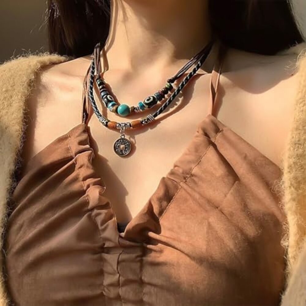 Layered Boho Wood Beads Choker Necklace Adjustable Hemp Cords Retro Fashion - Picture 6 of 8